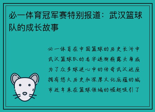 必一体育冠军赛特别报道：武汉篮球队的成长故事